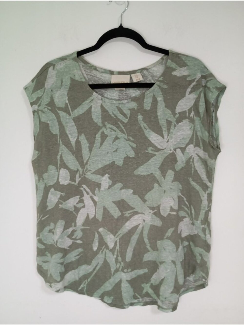 Cynthia Rowley Floral 100% Linen Short Sleeve Top Green & White  Womens M